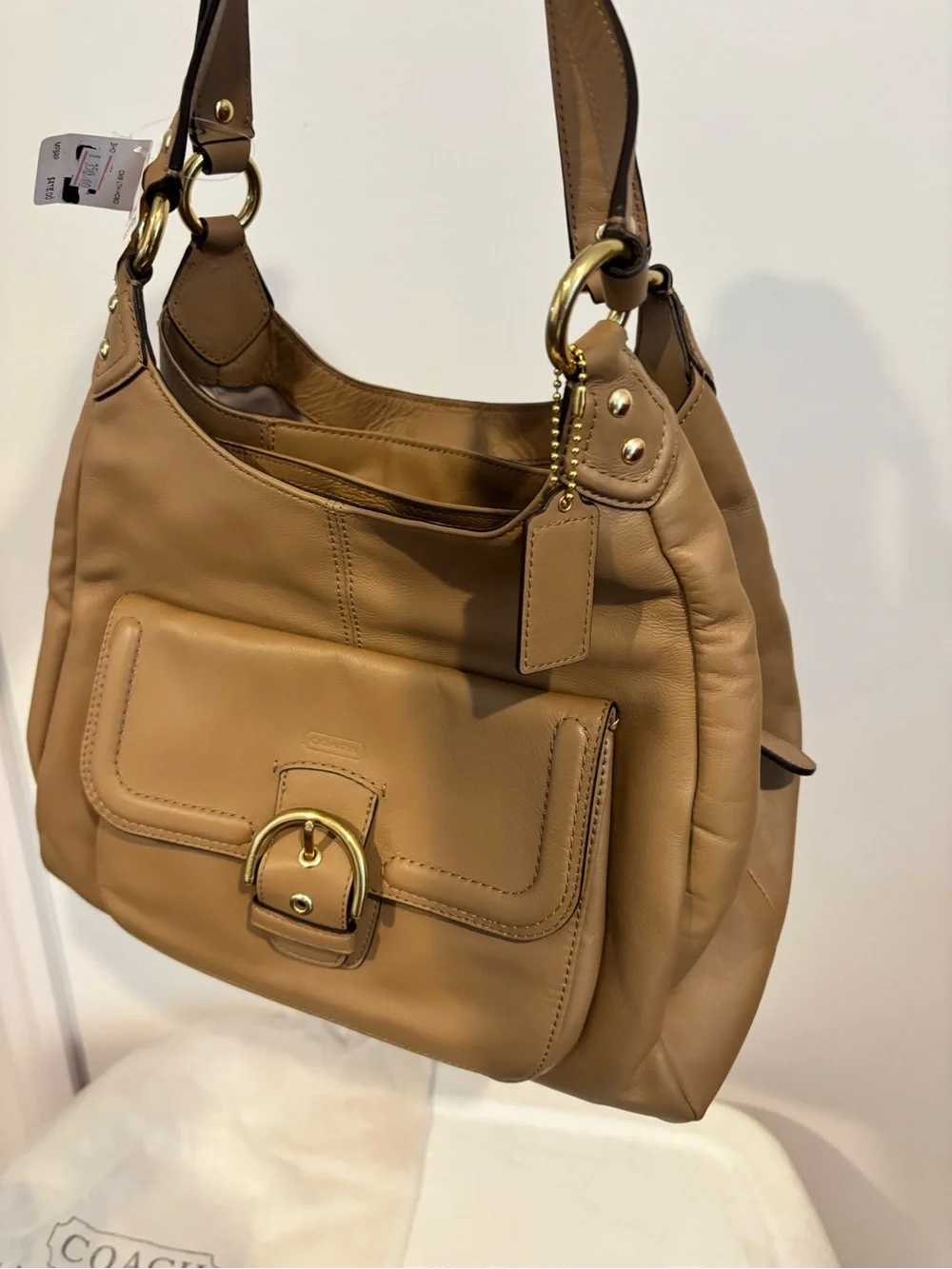 Coach Tan Leather Shoulder Bag with Front Buckle Pocket